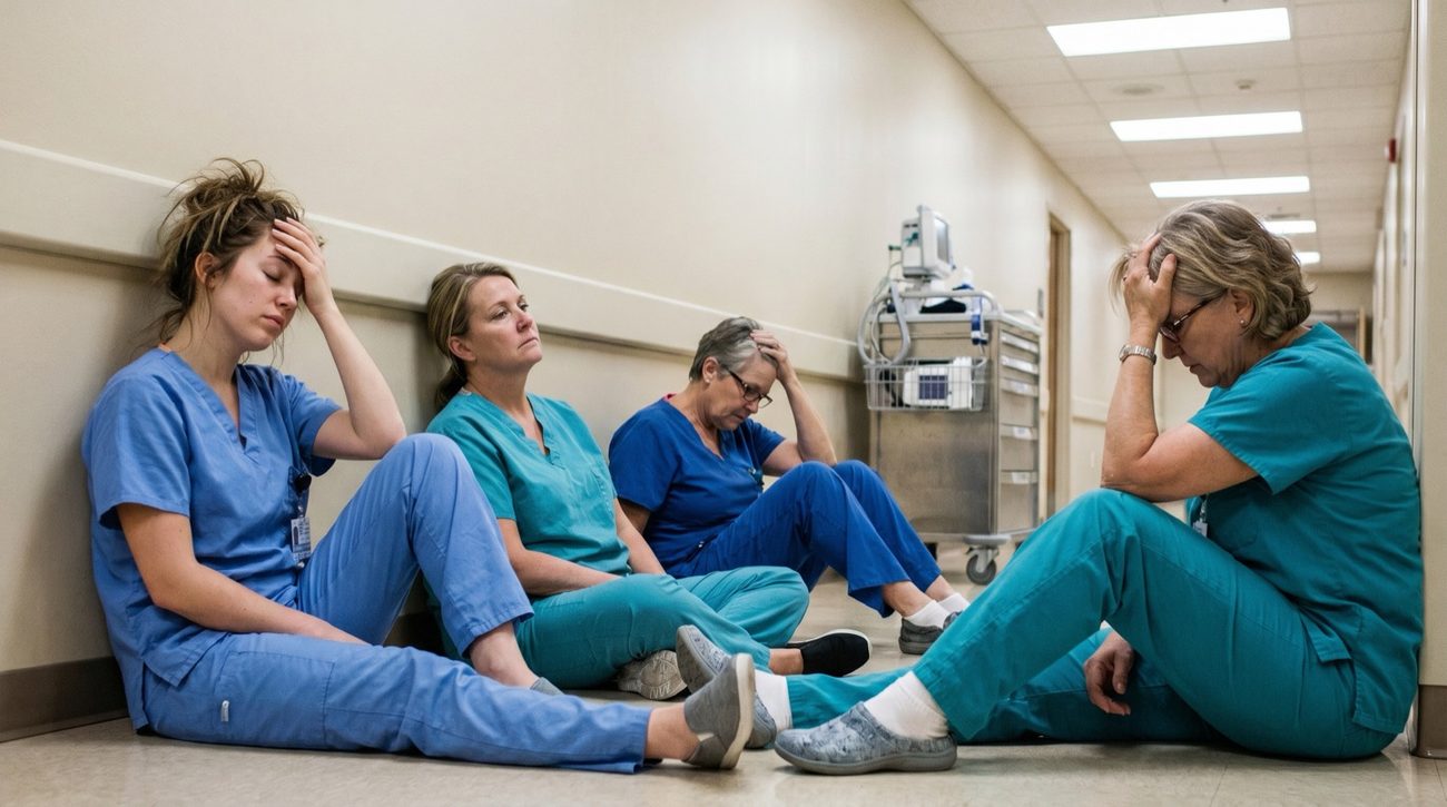 Exhausted nurses sitting on the floor of a hospital hallway after a 12-hour shift