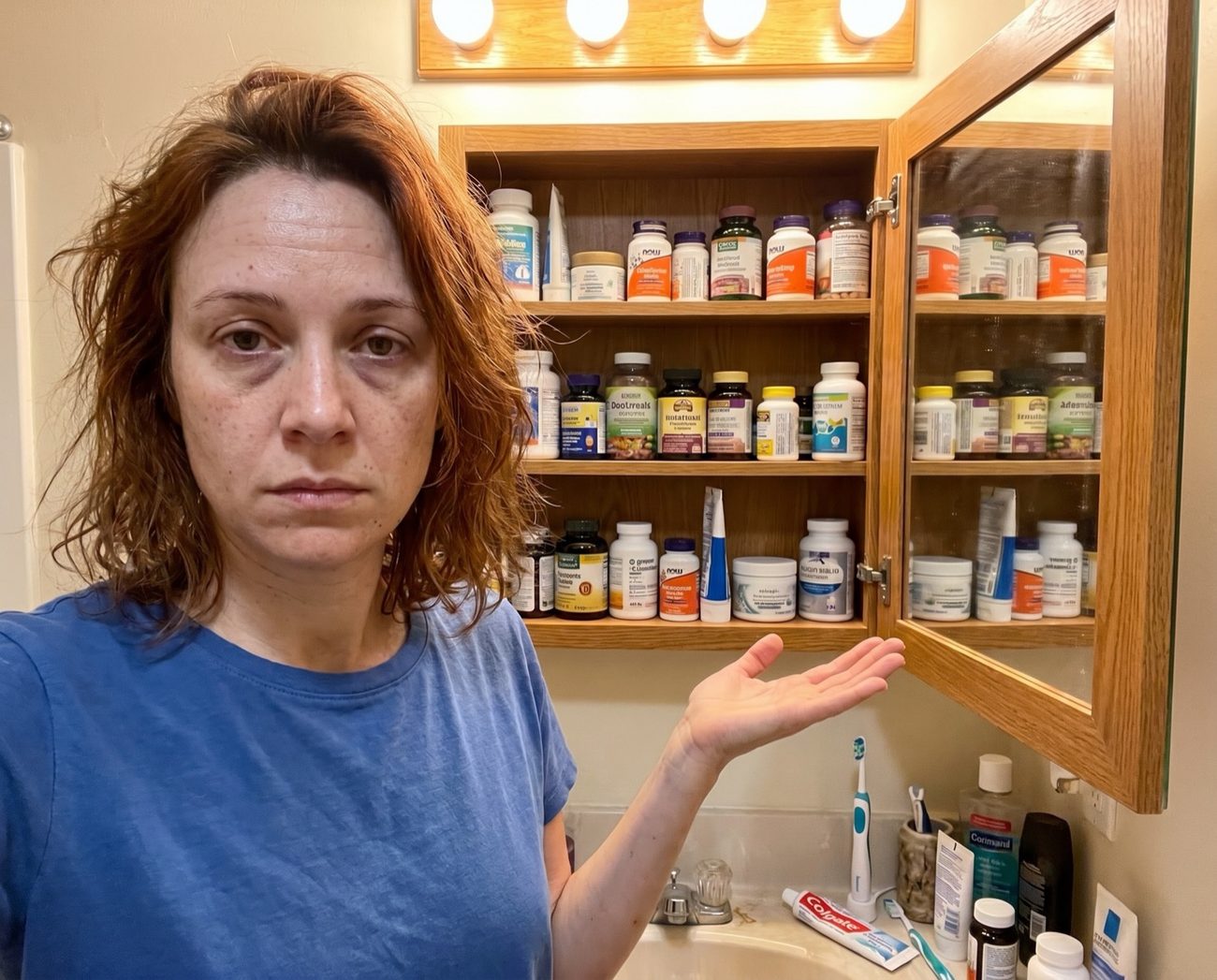 Rachel gesturing wearily at a bathroom medicine cabinet overflowing with supplement and pill bottles that never worked