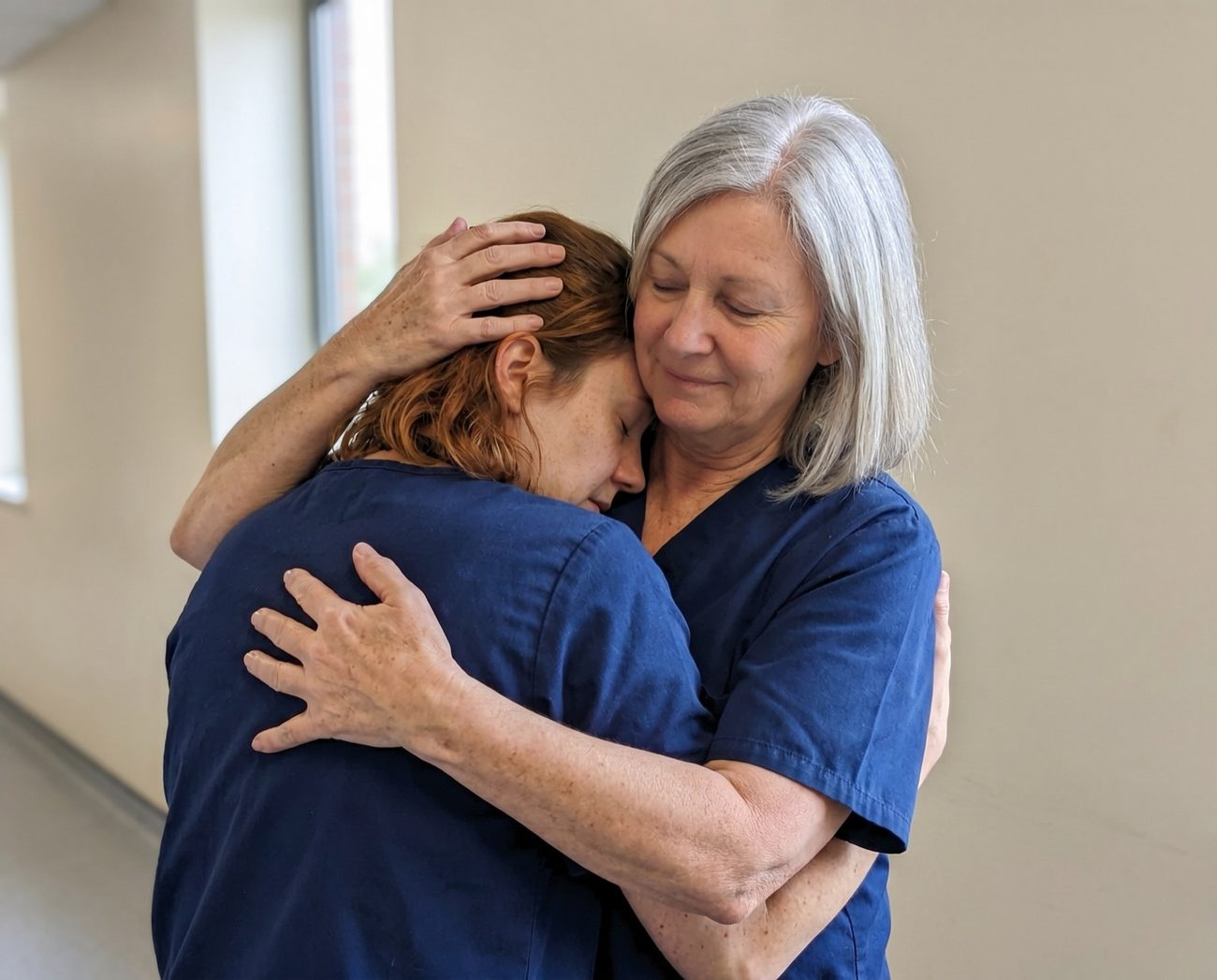 Carol, a veteran nurse with silver hair, holding Rachel in a comforting hug in a hospital hallway