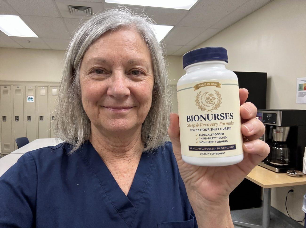 Carol, a veteran nurse, smiling and holding up a bottle of BioNurses in the hospital break room