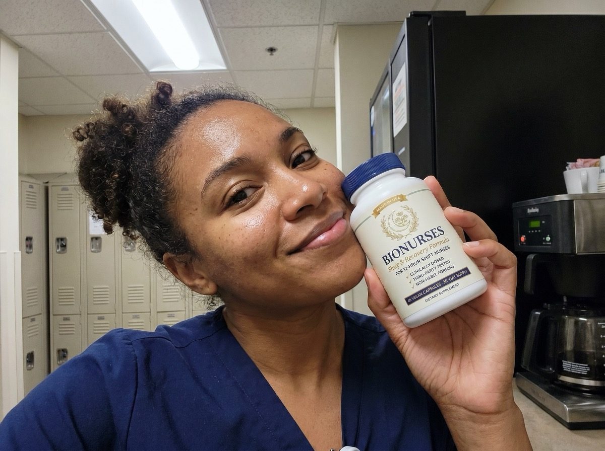 Danielle R., an ER nurse, holding a bottle of BioNurses in the break room