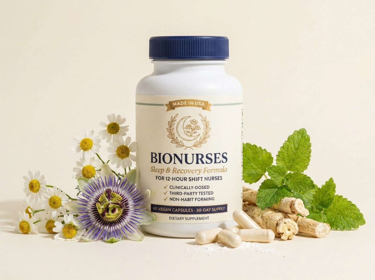BioNurses bottle surrounded by its natural ingredients — chamomile, passion flower, valerian root, lemon balm and capsules
