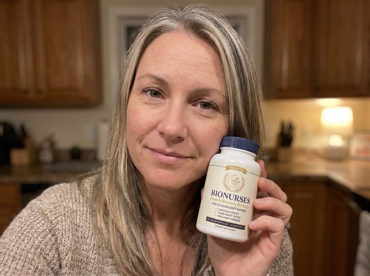 Renee K., a med-surg nurse, holding a bottle of BioNurses in her kitchen