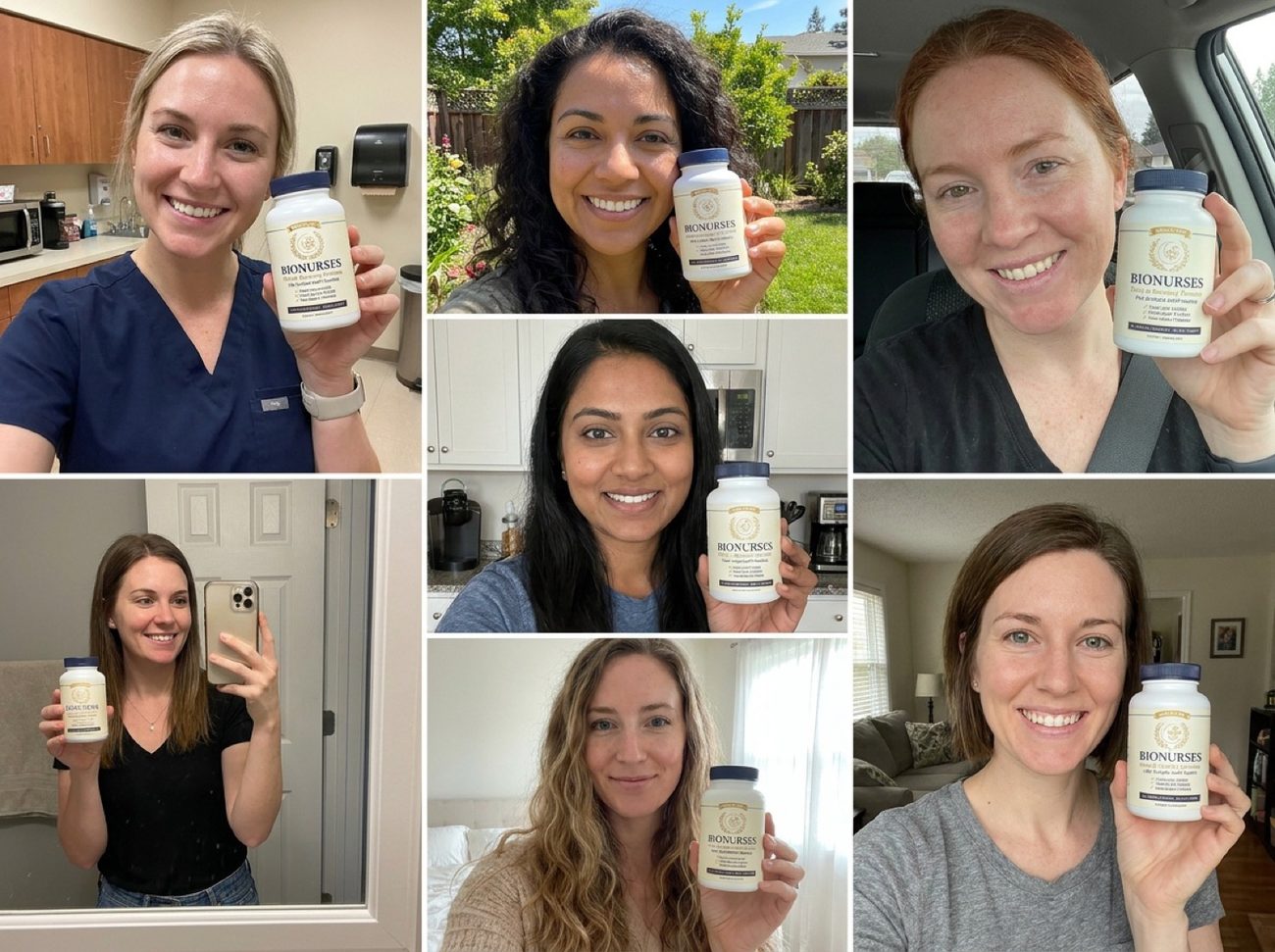 A collage of real nurses smiling and holding BioNurses