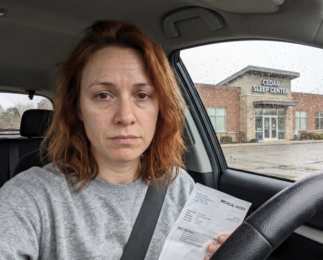 Rachel sitting in her car outside a sleep clinic, holding a medical invoice, deflated after another appointment that didn't help