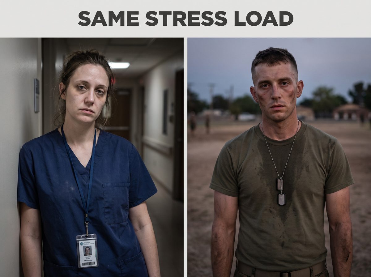 Same stress load — a nurse on 12-hour shifts and a soldier in training, both physically depleted