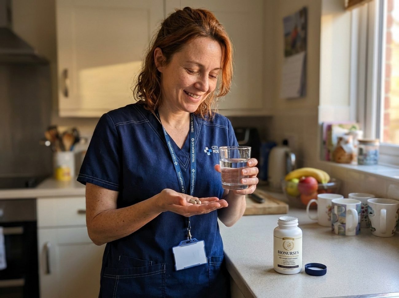 Rachel taking two BioNurses capsules with a glass of water in her kitchen, just home from her shift