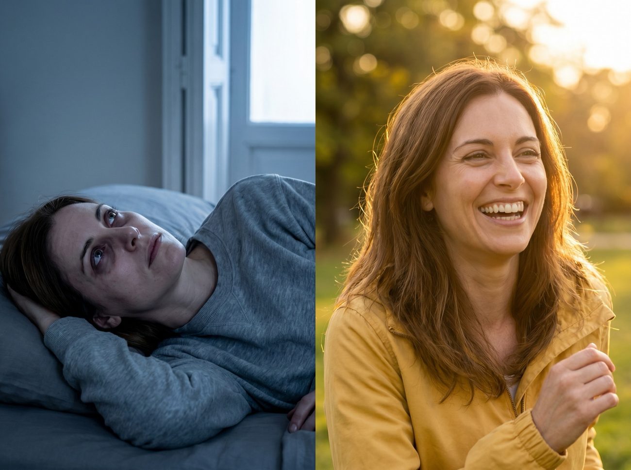 Two futures side by side: exhausted and awake in bed on the left, radiant and laughing in golden light on the right