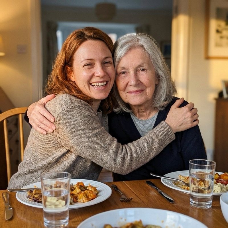 Rachel hugging her grandmother at the dinner table