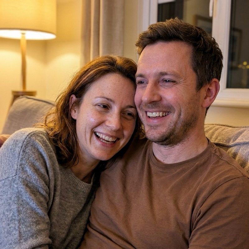 Rachel laughing with her partner on the couch