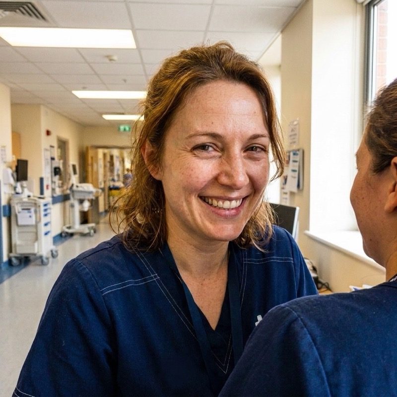 Rachel smiling in scrubs at the hospital with a colleague