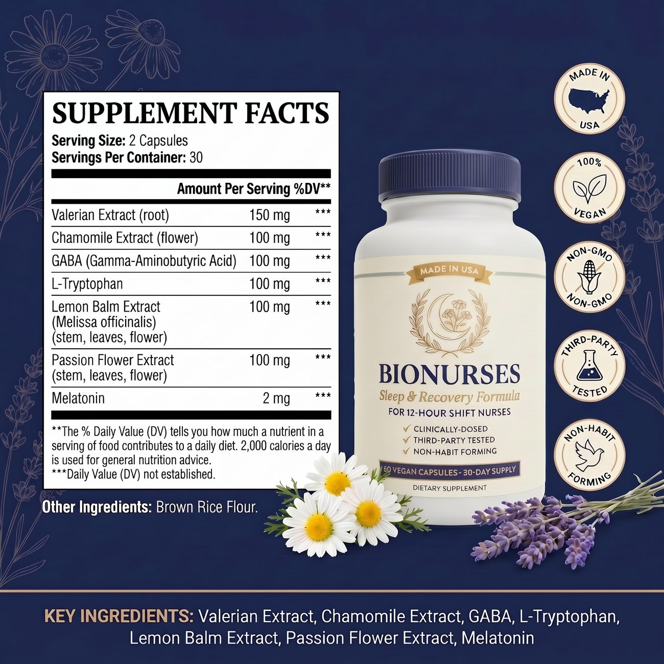BioNurses Supplement Facts — 7 clinically-dosed sleep compounds